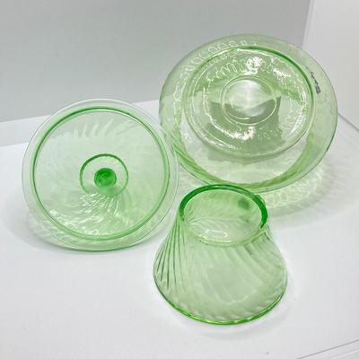 LOT 161: Collection of Spiral Pattern Uranium Glass - Center Handle Serving Dish, Candy Dish and Cup