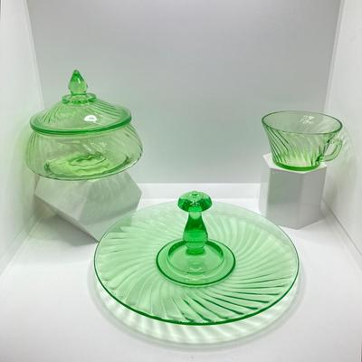 LOT 161: Collection of Spiral Pattern Uranium Glass - Center Handle Serving Dish, Candy Dish and Cup