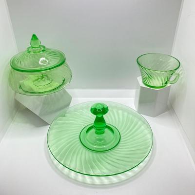LOT 161: Collection of Spiral Pattern Uranium Glass - Center Handle Serving Dish, Candy Dish and Cup
