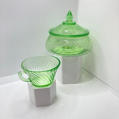 LOT 161: Collection of Spiral Pattern Uranium Glass - Center Handle Serving Dish, Candy Dish and Cup
