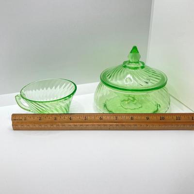 LOT 161: Collection of Spiral Pattern Uranium Glass - Center Handle Serving Dish, Candy Dish and Cup