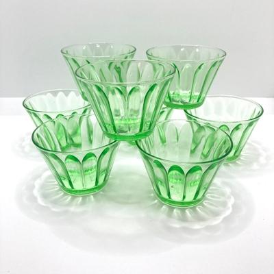 LOT 162: Vintage Uranium Glass Collection - Hazel Atlas Ribbed Ramekin Bowls, Serving Plate, Cup and Small Glass