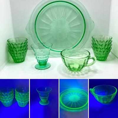 LOT 162: Vintage Uranium Glass Collection - Hazel Atlas Ribbed Ramekin Bowls, Serving Plate, Cup and Small Glass