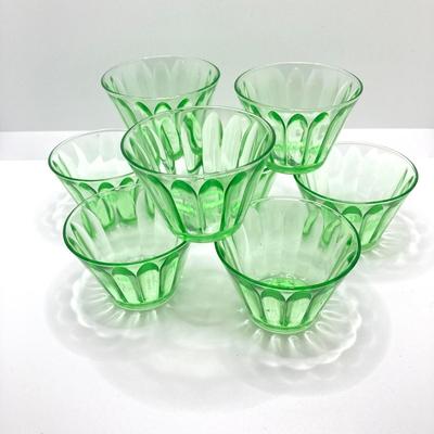 LOT 162: Vintage Uranium Glass Collection - Hazel Atlas Ribbed Ramekin Bowls, Serving Plate, Cup and Small Glass