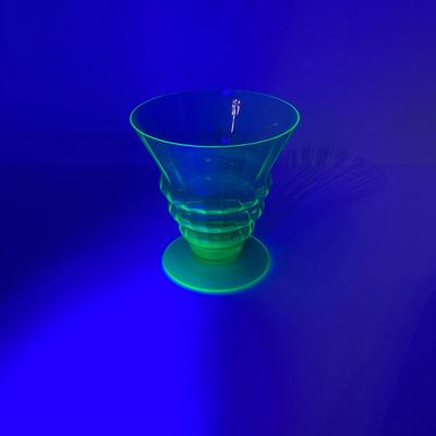 LOT 162: Vintage Uranium Glass Collection - Hazel Atlas Ribbed Ramekin Bowls, Serving Plate, Cup and Small Glass