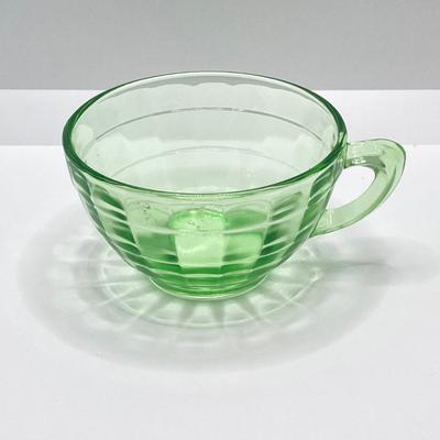 LOT 162: Vintage Uranium Glass Collection - Hazel Atlas Ribbed Ramekin Bowls, Serving Plate, Cup and Small Glass