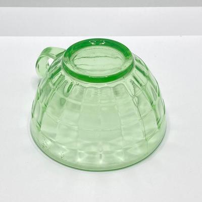 LOT 162: Vintage Uranium Glass Collection - Hazel Atlas Ribbed Ramekin Bowls, Serving Plate, Cup and Small Glass