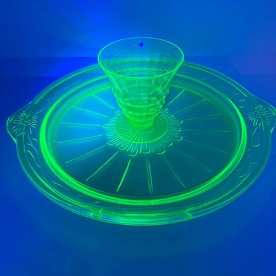 LOT 162: Vintage Uranium Glass Collection - Hazel Atlas Ribbed Ramekin Bowls, Serving Plate, Cup and Small Glass
