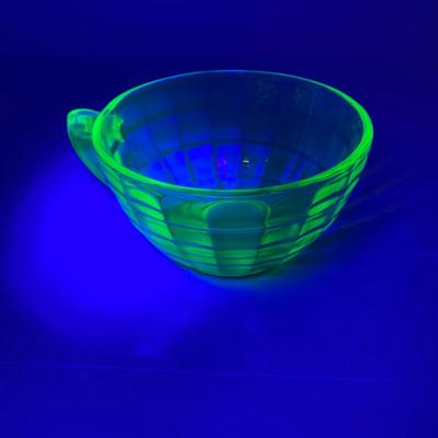 LOT 162: Vintage Uranium Glass Collection - Hazel Atlas Ribbed Ramekin Bowls, Serving Plate, Cup and Small Glass