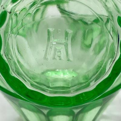 LOT 162: Vintage Uranium Glass Collection - Hazel Atlas Ribbed Ramekin Bowls, Serving Plate, Cup and Small Glass