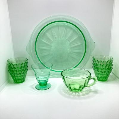 LOT 162: Vintage Uranium Glass Collection - Hazel Atlas Ribbed Ramekin Bowls, Serving Plate, Cup and Small Glass