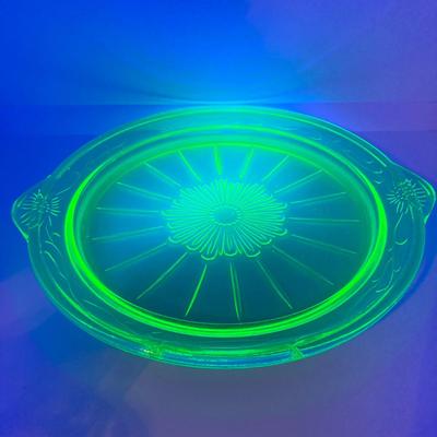 LOT 162: Vintage Uranium Glass Collection - Hazel Atlas Ribbed Ramekin Bowls, Serving Plate, Cup and Small Glass