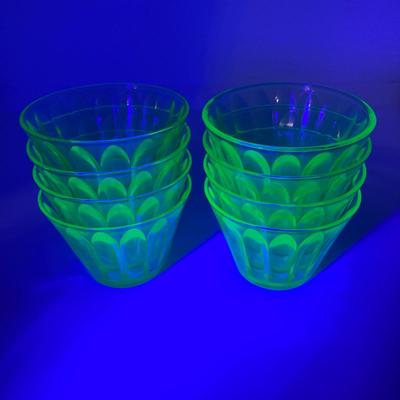 LOT 162: Vintage Uranium Glass Collection - Hazel Atlas Ribbed Ramekin Bowls, Serving Plate, Cup and Small Glass