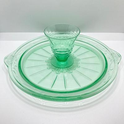 LOT 162: Vintage Uranium Glass Collection - Hazel Atlas Ribbed Ramekin Bowls, Serving Plate, Cup and Small Glass