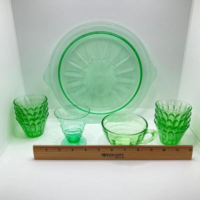 LOT 162: Vintage Uranium Glass Collection - Hazel Atlas Ribbed Ramekin Bowls, Serving Plate, Cup and Small Glass
