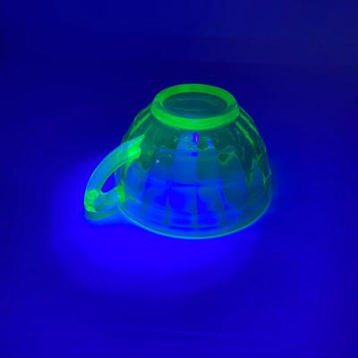 LOT 162: Vintage Uranium Glass Collection - Hazel Atlas Ribbed Ramekin Bowls, Serving Plate, Cup and Small Glass