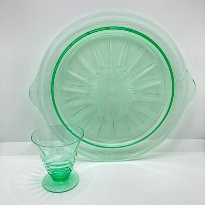 LOT 162: Vintage Uranium Glass Collection - Hazel Atlas Ribbed Ramekin Bowls, Serving Plate, Cup and Small Glass