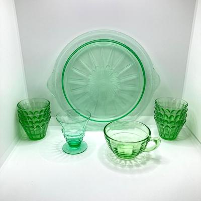 LOT 162: Vintage Uranium Glass Collection - Hazel Atlas Ribbed Ramekin Bowls, Serving Plate, Cup and Small Glass