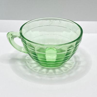 LOT 162: Vintage Uranium Glass Collection - Hazel Atlas Ribbed Ramekin Bowls, Serving Plate, Cup and Small Glass