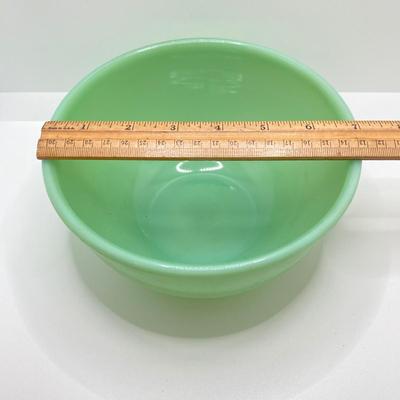 LOT 190: Vintage Jadeite Collection - Tear Drop Bowl, Egg Holder and Fire King Oven Ware Mixing Bowls