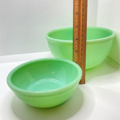 LOT 190: Vintage Jadeite Collection - Tear Drop Bowl, Egg Holder and Fire King Oven Ware Mixing Bowls