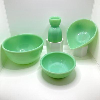 LOT 190: Vintage Jadeite Collection - Tear Drop Bowl, Egg Holder and Fire King Oven Ware Mixing Bowls