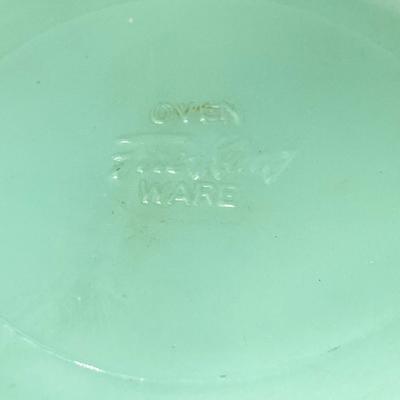 LOT 190: Vintage Jadeite Collection - Tear Drop Bowl, Egg Holder and Fire King Oven Ware Mixing Bowls