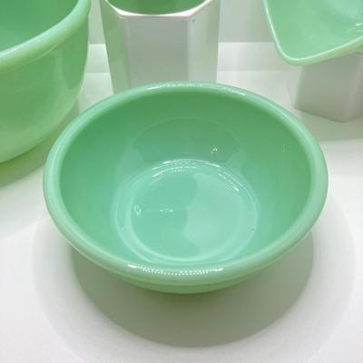 LOT 190: Vintage Jadeite Collection - Tear Drop Bowl, Egg Holder and Fire King Oven Ware Mixing Bowls