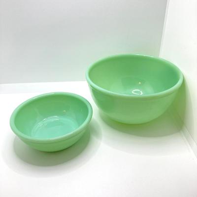 LOT 190: Vintage Jadeite Collection - Tear Drop Bowl, Egg Holder and Fire King Oven Ware Mixing Bowls
