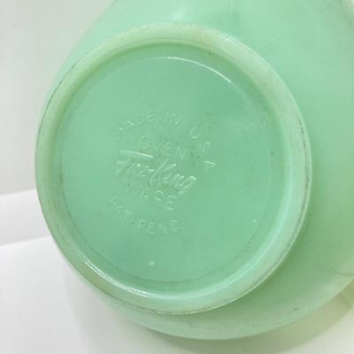 LOT 190: Vintage Jadeite Collection - Tear Drop Bowl, Egg Holder and Fire King Oven Ware Mixing Bowls