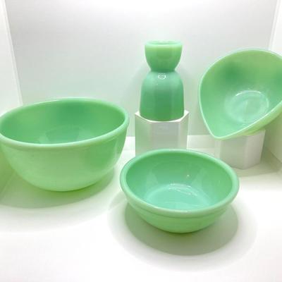 LOT 190: Vintage Jadeite Collection - Tear Drop Bowl, Egg Holder and Fire King Oven Ware Mixing Bowls