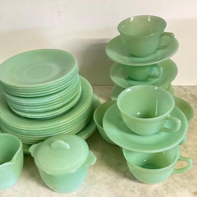LOT 192: Large Jadeite Fire King Oven Ware Set - Plates, Cups / Saucers and Cream / Sugar Bowls
