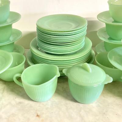 LOT 192: Large Jadeite Fire King Oven Ware Set - Plates, Cups / Saucers and Cream / Sugar Bowls