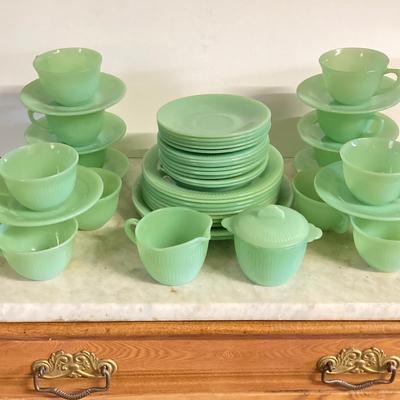 LOT 192: Large Jadeite Fire King Oven Ware Set - Plates, Cups / Saucers and Cream / Sugar Bowls