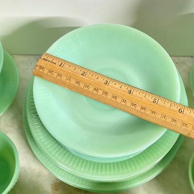 LOT 192: Large Jadeite Fire King Oven Ware Set - Plates, Cups / Saucers and Cream / Sugar Bowls