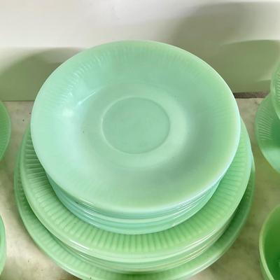 LOT 192: Large Jadeite Fire King Oven Ware Set - Plates, Cups / Saucers and Cream / Sugar Bowls