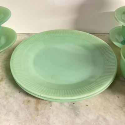 LOT 192: Large Jadeite Fire King Oven Ware Set - Plates, Cups / Saucers and Cream / Sugar Bowls