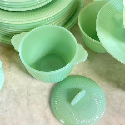 LOT 192: Large Jadeite Fire King Oven Ware Set - Plates, Cups / Saucers and Cream / Sugar Bowls