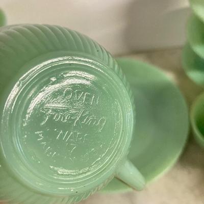 LOT 192: Large Jadeite Fire King Oven Ware Set - Plates, Cups / Saucers and Cream / Sugar Bowls