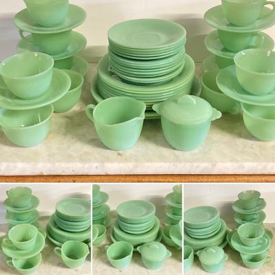 LOT 192: Large Jadeite Fire King Oven Ware Set - Plates, Cups / Saucers and Cream / Sugar Bowls