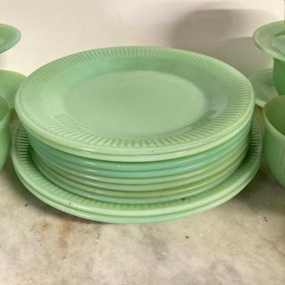 LOT 192: Large Jadeite Fire King Oven Ware Set - Plates, Cups / Saucers and Cream / Sugar Bowls