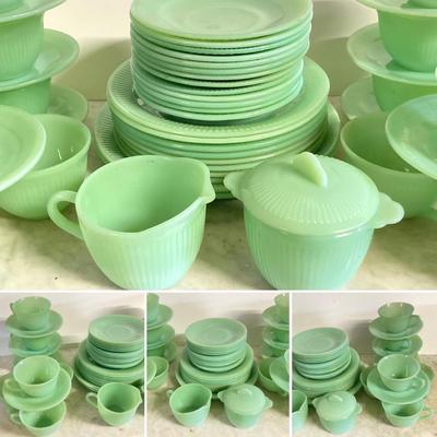 LOT 192: Large Jadeite Fire King Oven Ware Set - Plates, Cups / Saucers and Cream / Sugar Bowls