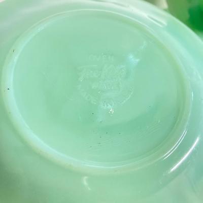 LOT 192: Large Jadeite Fire King Oven Ware Set - Plates, Cups / Saucers and Cream / Sugar Bowls