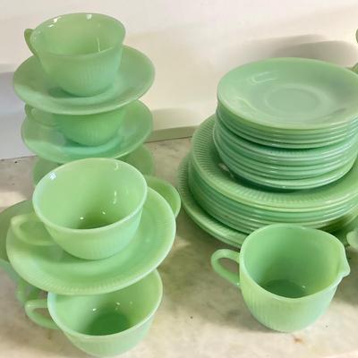 LOT 192: Large Jadeite Fire King Oven Ware Set - Plates, Cups / Saucers and Cream / Sugar Bowls