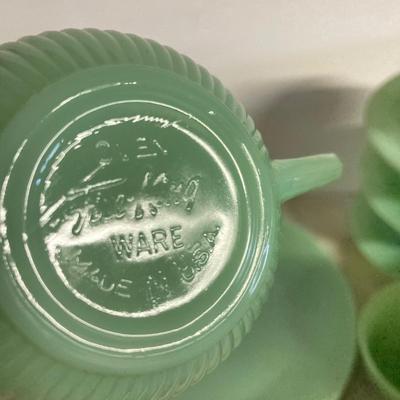 LOT 192: Large Jadeite Fire King Oven Ware Set - Plates, Cups / Saucers and Cream / Sugar Bowls