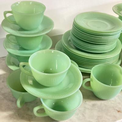 LOT 192: Large Jadeite Fire King Oven Ware Set - Plates, Cups / Saucers and Cream / Sugar Bowls