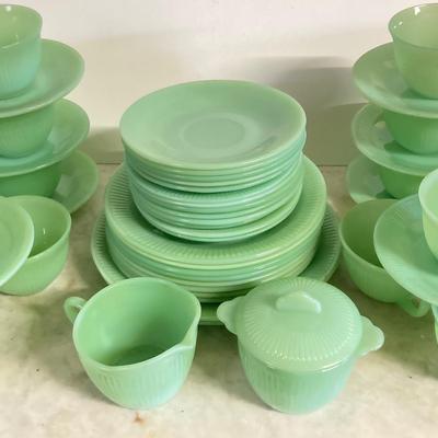 LOT 192: Large Jadeite Fire King Oven Ware Set - Plates, Cups / Saucers and Cream / Sugar Bowls