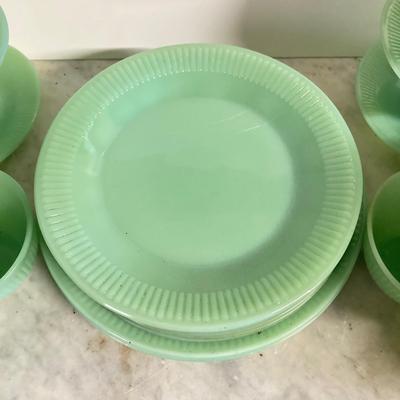 LOT 192: Large Jadeite Fire King Oven Ware Set - Plates, Cups / Saucers and Cream / Sugar Bowls