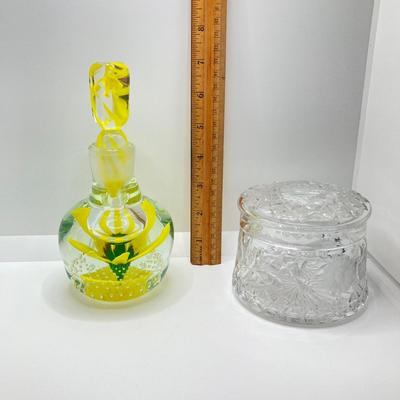 LOT 193: Vintage Yellow Art Glass Perfume Bottle and Cut Glass Hair Receiver
