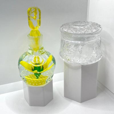 LOT 193: Vintage Yellow Art Glass Perfume Bottle and Cut Glass Hair Receiver